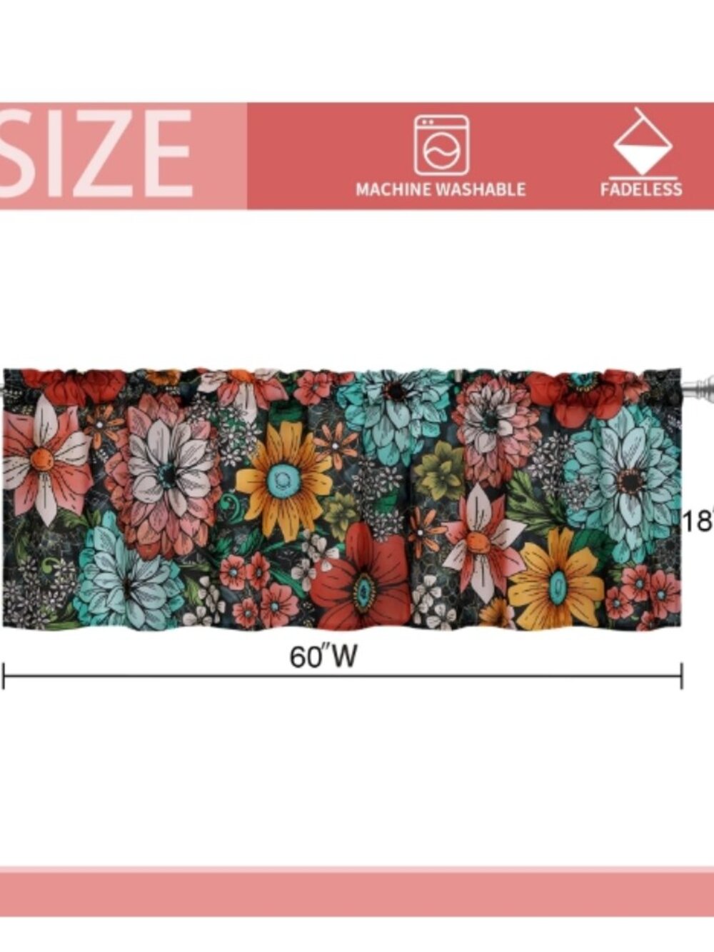 Alishomtll Boho Floral Print Valance Curtain, Size 60" x 18", 1 Long Panel